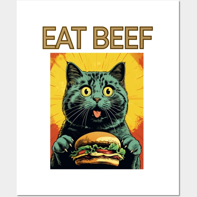 Retro Vintage Cat - Eat Beef Design | Quirky Feline Art Wall Art by KittyStampedeCo